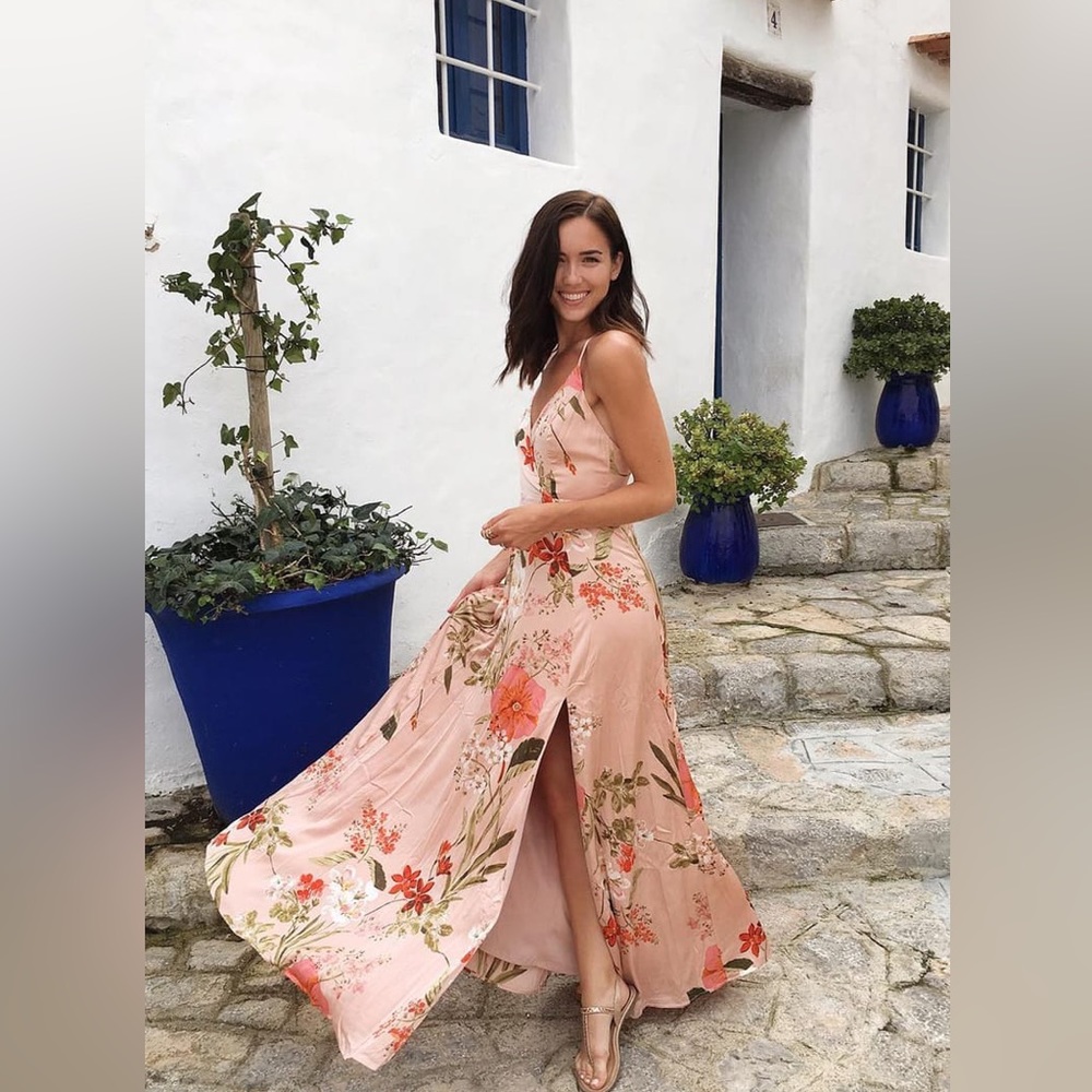 Lulus Still the One Blush Pink Floral Print Satin Maxi Dress